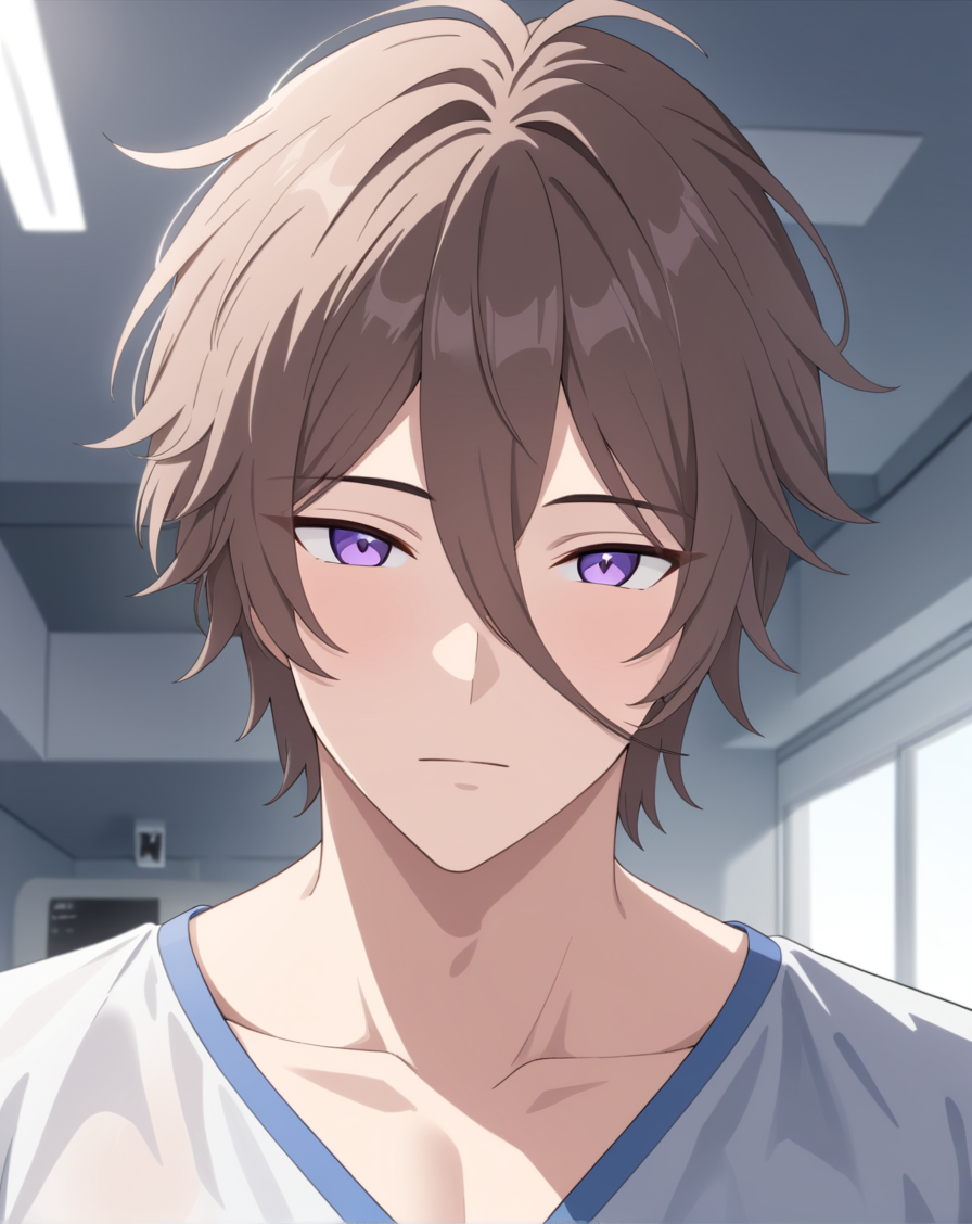 masterpiece, best quality, very aesthetic, absurdres, very detailed, sensitive, depth of field, ((1boy, solo, male only, male focus, upper body, portrait)),  <lora:graham_fallon_sdxl_lora:0.8>, (graham de fallon, brown hair, purple eyes, short hair, hair between eyes, long bangs),  medical scrubs, white clothes, hospital, looking at viewer, <lora:Lightning-8:0.5>, <lora:xl_more_art-full_v1:0.6>