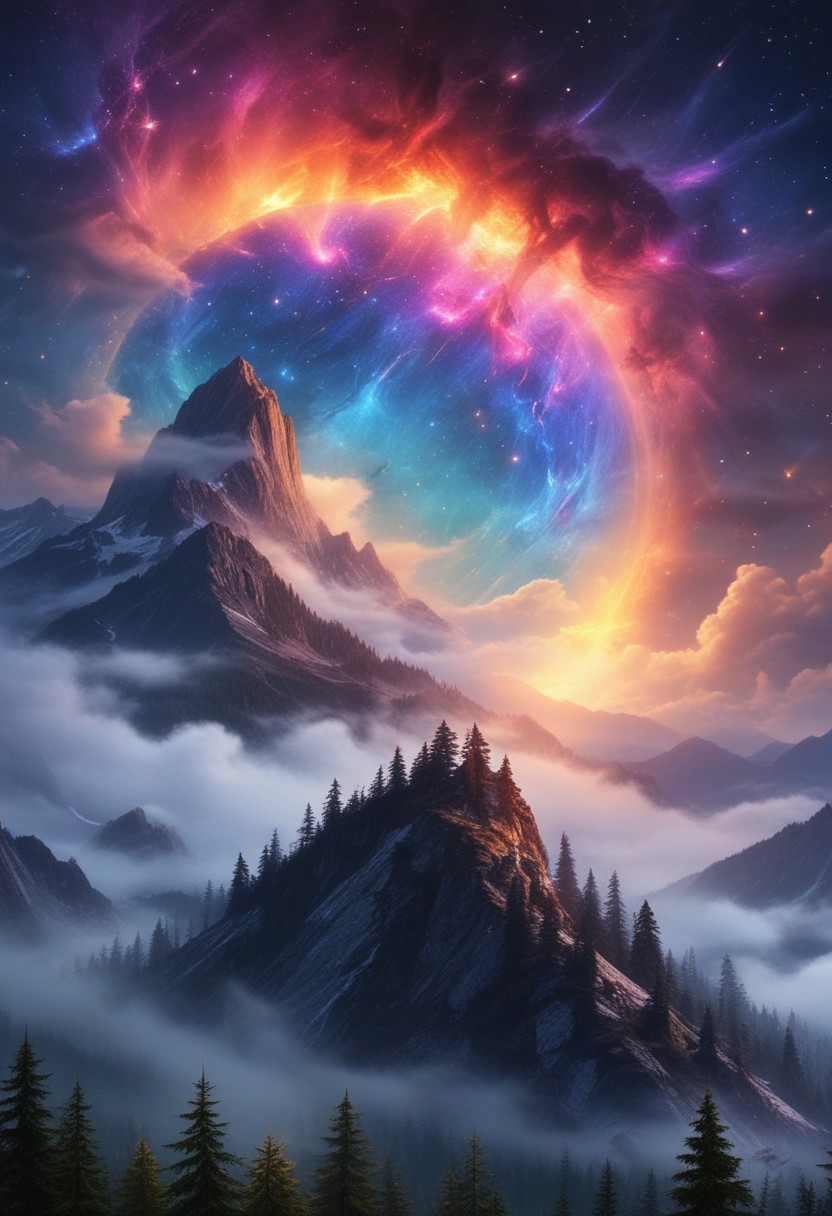 landscape, mountain, fireflies, magic fog, sunset, nebula, galaxy, detailed, high quality, best quality, masterpiece, rainbow, flying dragon,