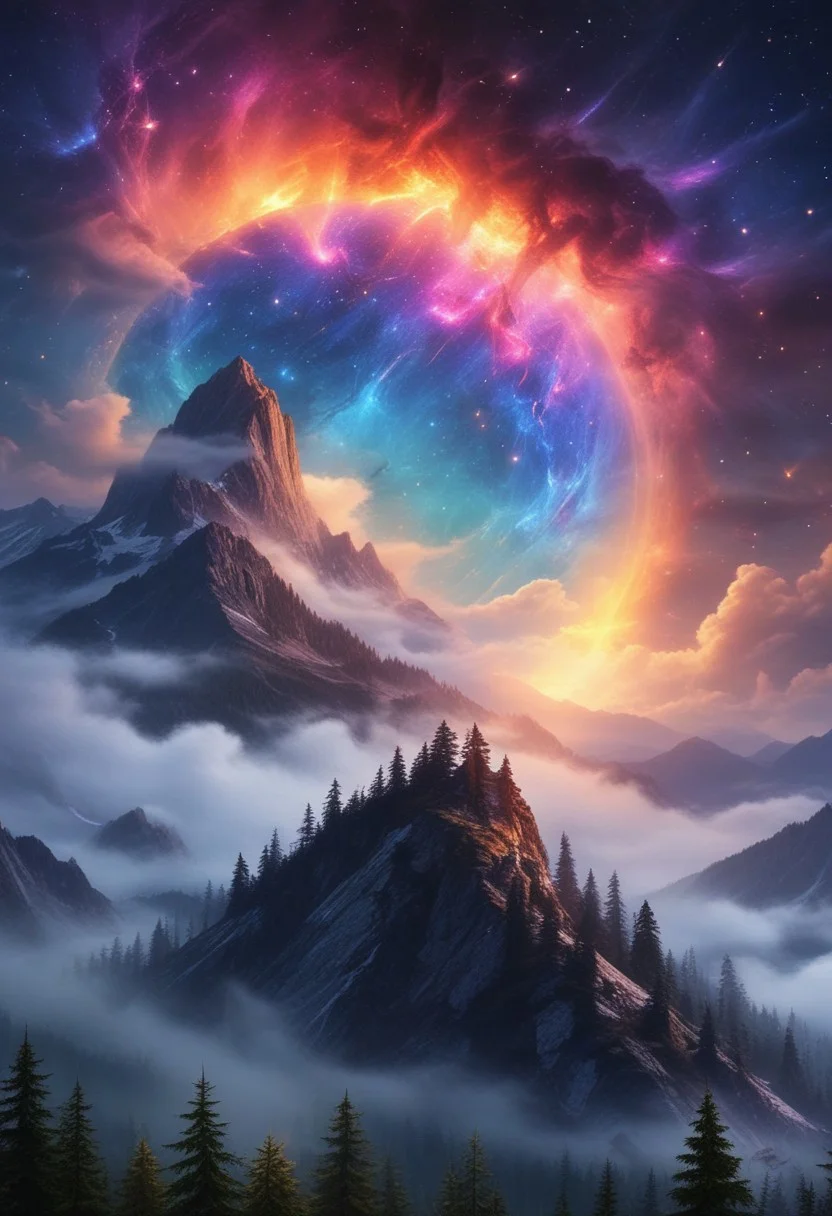 landscape, mountain, fireflies, magic fog, sunset, nebula, galaxy, detailed, high quality, best quality, masterpiece, rainbow, flying dragon,