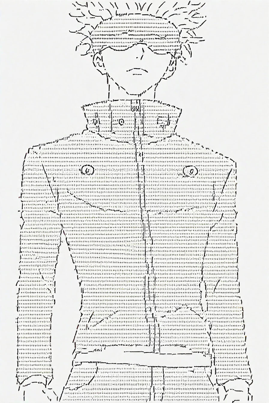 gojou satoru, white hair,  high collar, blindfold, covered eyes, jacket, pants, 1boy, solo, alone, <lora:Ascii_character_illustriousXL:0.9>, ascii_art_style, monochrome, greyscale, white background, simple background,  masterpiece, highres