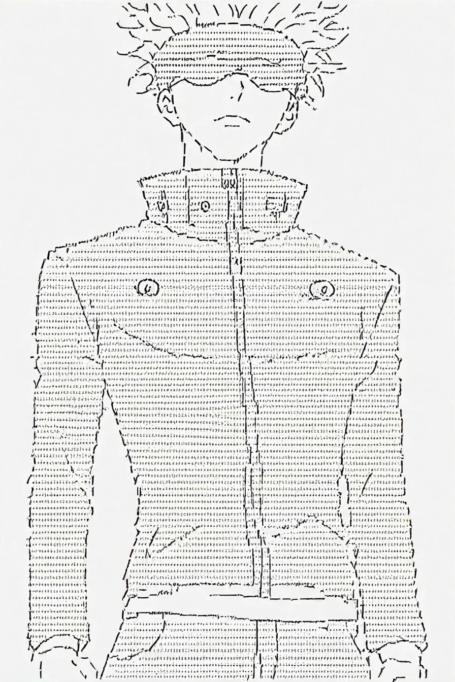 gojou satoru, white hair, high collar, blindfold, covered eyes, jacket, pants, 1boy, solo, alone, <lora:Ascii_character_illustriousXL:0.9>, ascii_art_style, monochrome, greyscale, white background, simple background, masterpiece, highres