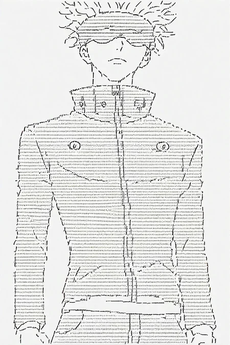 gojou satoru, white hair, high collar, blindfold, covered eyes, jacket, pants, 1boy, solo, alone, <lora:Ascii_character_illustriousXL:0.9>, ascii_art_style, monochrome, greyscale, white background, simple background, masterpiece, highres