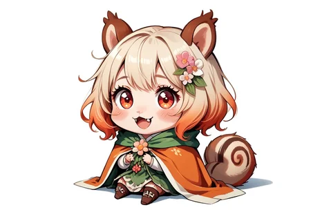 score_9, score_8_up, score_7_up, best quality, fine detail, 1girl, solo, cute, chibi squirrel, ((massive red sun in background)), (gradient hair orange roots fire red tips), vibrant colors, strong shadows, (sitting, from above), valley full of flowers, rolling hills in background, holding a boquet of flowers, blue sky background, white clouds, flower hair ornament, flesh fangs, happy, blushing, slimes_flowerwm