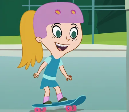 1girl, solo, fiokvk1, blonde hair, pink helmet, blue eyes, riding skateboard, skateboard, freckles, ponytail, socks, open smile, skirt, shirt, child, style parody, long hair, full body, kneepads, outdoors, shoes, skatepark, <lora:fiokvk1:1>,