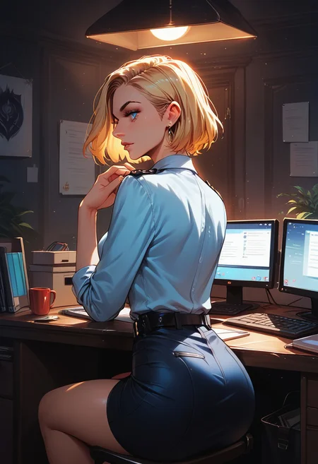 score_9, score_9, score_8, score_7, score_6_up, interior, office, night, computers, desks, chairs
1girl, blonde, scandinavian, short hair, police officer,
