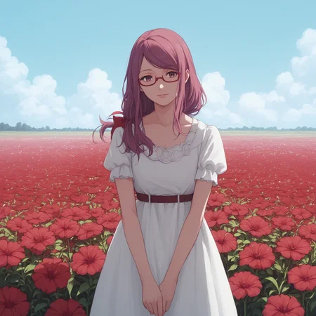 <lora:SlimesRize-000005:1>, score9_up, score8_up, score7_up, score6_up, slimes_rize, woman, solo, dress, red glasses, red flower field background