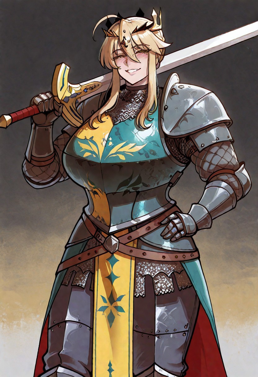 ((artoria_pendragon_(lancer)_(fate))), ((solo)), ((gigantic ass)), (thick neck), choker, beautiful eyes, prominent sternocleidomastoid muscle, huge breasts, blush), ((mature body)), ((mature female)), ((mature face)), ((MILF)), (thick neck), nyantcha, intricate details, elaborate clothes,Knight armor, gambeson sleeves, chainmail, trousers, metal armor, cuirass, pauldrons, plate gauntlets, armored tassets, quartered painted armor, green and yellow painted cuirass, holding sword, big sword, <lora:sword-over-shoulder-illustriousxl-lora-nochekaiser:1>, sword over shoulder, weapon over shoulder, holding, holding sword, holding weapon, sword, hand on own hip, grin, looking at viewer, pants