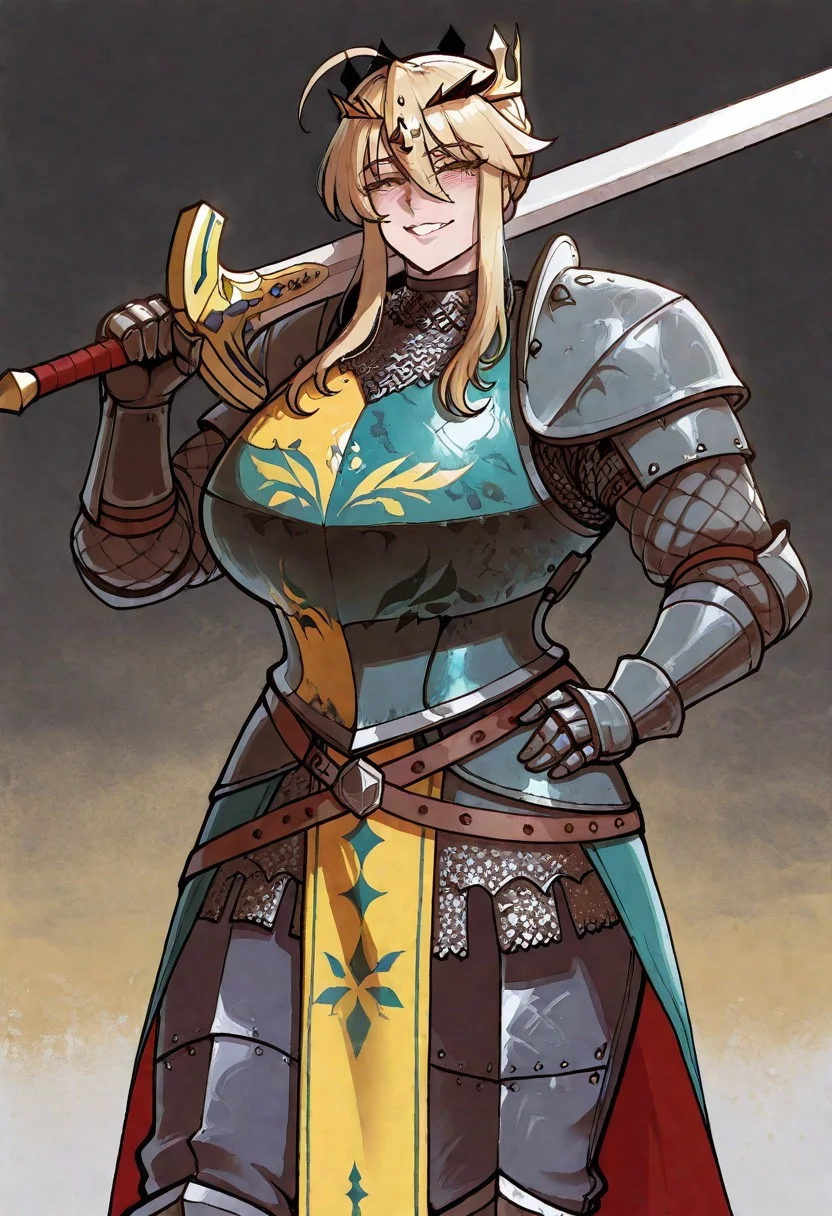 ((artoria_pendragon_(lancer)_(fate))), ((solo)), ((gigantic ass)), (thick neck), choker, beautiful eyes, prominent sternocleidomastoid muscle, huge breasts, blush), ((mature body)), ((mature female)), ((mature face)), ((MILF)), (thick neck), nyantcha, intricate details, elaborate clothes,Knight armor, gambeson sleeves, chainmail, trousers, metal armor, cuirass, pauldrons, plate gauntlets, armored tassets, quartered painted armor, green and yellow painted cuirass, holding sword, big sword, <lora:sword-over-shoulder-illustriousxl-lora-nochekaiser:1>, sword over shoulder, weapon over shoulder, holding, holding sword, holding weapon, sword, hand on own hip, grin, looking at viewer, pants