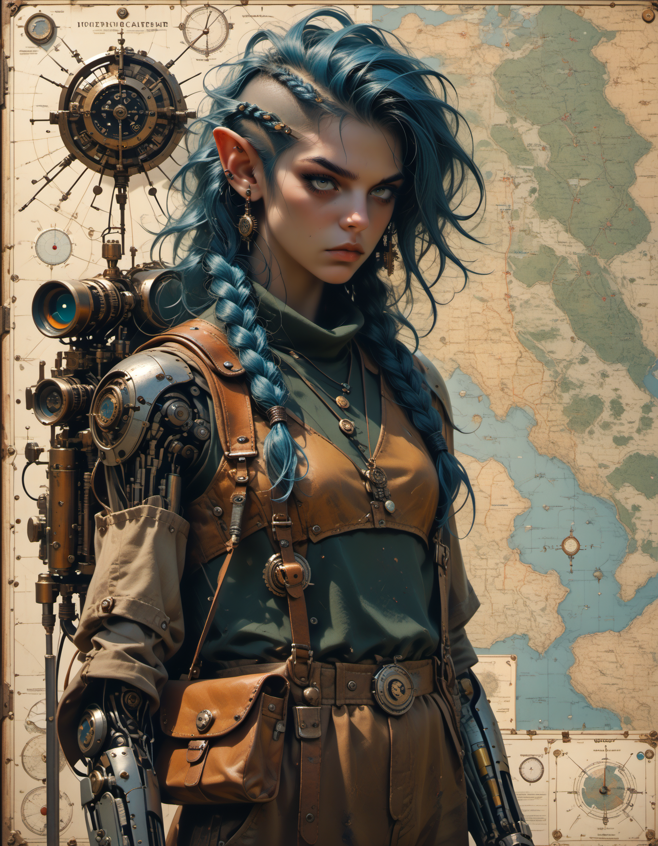 score_9, score_8_up, score_7_up, (masterpiece, best quality),  intricate details,
1girl,  rogue, leather armor, bandolier, quiver, braids, blue hair, long hair, side shave,  satchel, map, compass, telescope,  brown pants, pointed ears, 
  (prosthesis,prosthetic arm,  mechanical arms:1.2) 
warlock, black eyeliner, mechanical,  <lora:Reelmech_pony_ed_v1_3:0.8> <lora:god rays:0.6>, Necropunk art style, dark and macabre, blending of death and technology, eerie and unsettling imagery, explores themes of mortality and decay, unique and thought-provoking concepts