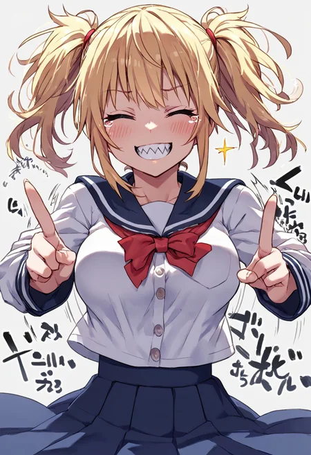 jin,
score_9, score_8_up, score_7_up, character portrait, cowboy shot, solo, 1girl, closed eyes, teary, blond hair, twintails, medium hair, large breasts, white school uniform, skirt, mid movement,
peace, grin, open mouth, blushing, motion lines, effects, sharp teeth, pose, dynamic pose,