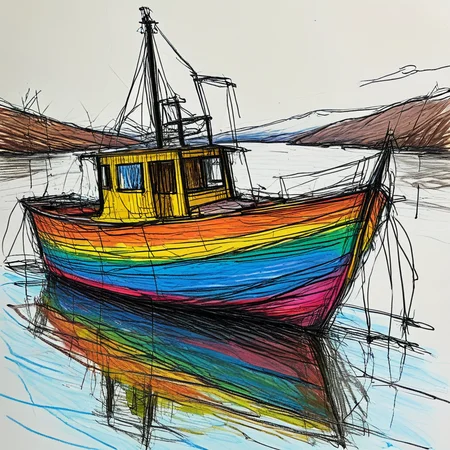 color mdsktch sketch of a boat on the water in a loch<lora:mdsktch-000015:1>