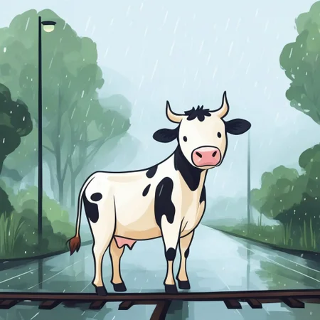 novuschroma57 style flat color cartoon vector of a cow near a railroad park in a rainy day