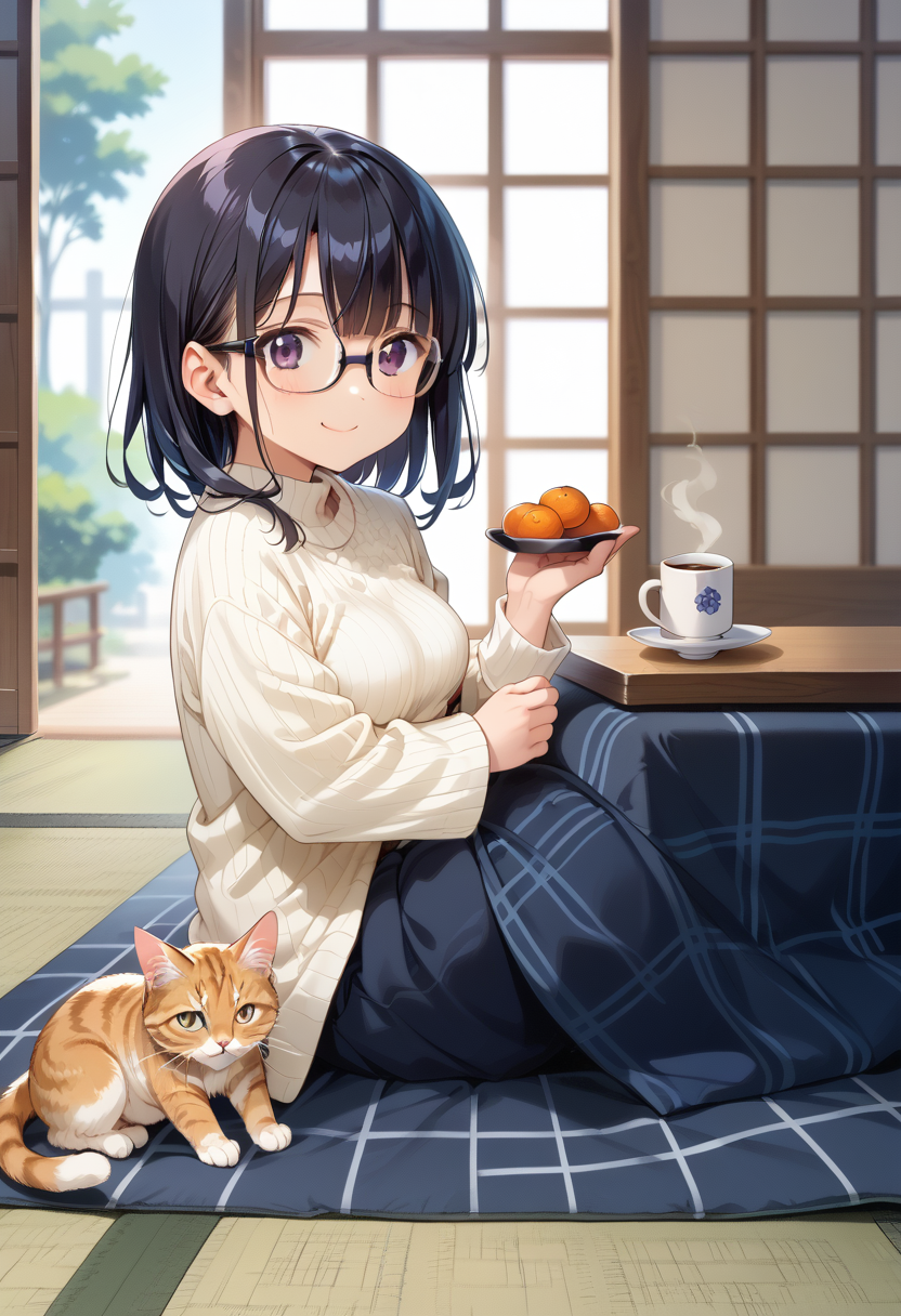 score_9, score_8_up, score_7_up, rating_safe, masterpiece, best quality, absurdres, unity 8k wallpaper, official art, official style, source_anime, uncensored, game cg, megami magazine, ultra delicate hair, 
1girl, glasses, black hair, medium hair, medium breasts, white ribbed sweater, sitting, happy, smile, looking at viewer, 
 (kotatsu:1.2), mandarin orange, sliding doors, tatami, indoors, cat, coffee mug, 
 <lora:kotatsu_pony_V1:1.2>