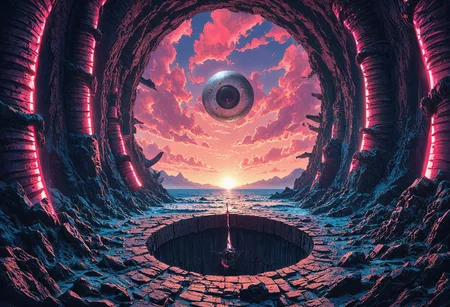 A flat 2D minimalist concept artwork of a view, gazing into a bottomless depth with numerous neon teeth spiraling down its dark walls. An enormous freakish eye is gazing back. Dread is lingering in the surroundings. The concept artwork's style is cel shaded, showing expressionist brushwork, using flat designs with lineless shapes and free form; perfect composition.