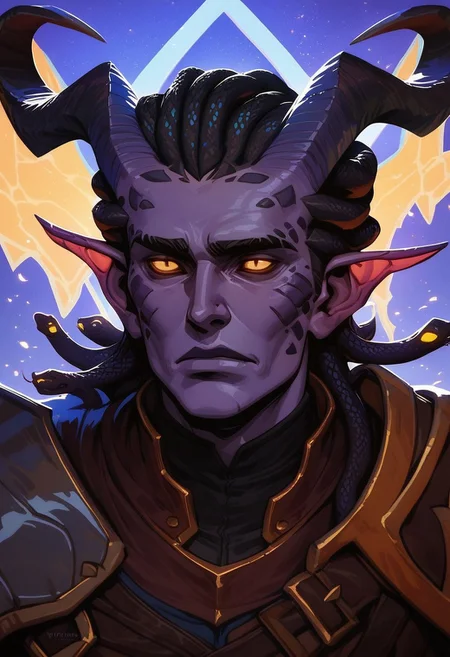 score_9, score_8_up, score_8, score_7_up, score_7, score_6_up, score_6, score_5_up, bulky tiefling, (black tipped horns:1.2), (snake hair, black snake hair), purple skin, runes, shoulder armor, spikes, wizard robes, black clothing, claws, masculine face, wide jawline, emotionless expression, yellow eyes, vox machine style, 1boy, male focus, solo, close up portrait , fantasy, night background, (dynamic lighting:1.1)
((masterpiece))