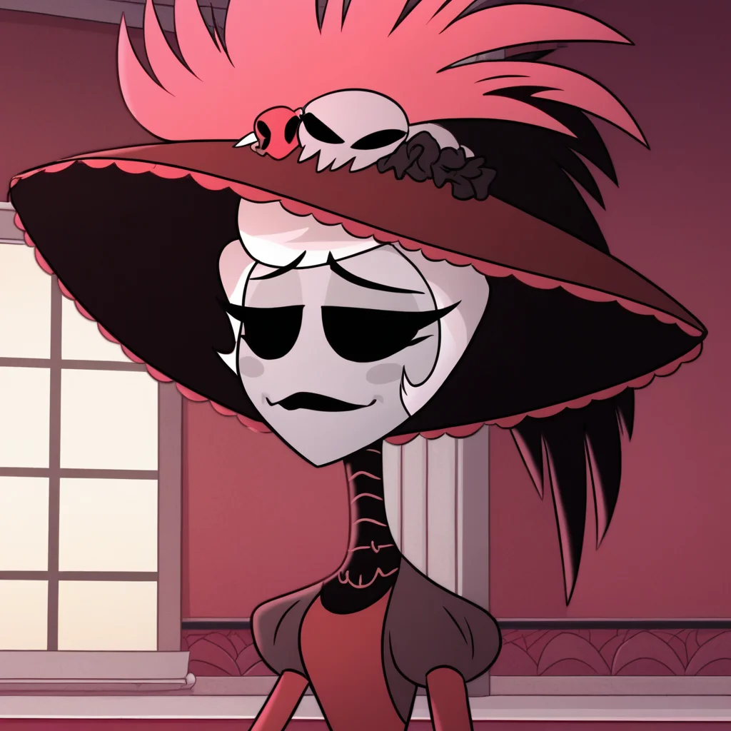 score_7_up, BREAK, HAZBINHOTELROSIE, 1girl, solo, white hair, short hair, blue eyes, hat, dress, upper body, indoors, <lora:HazbinHotel_Rosie_PXL_Leaf1:1>
