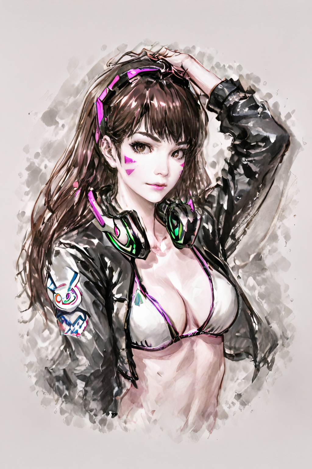 score_9,score_8_up,score_7_up,
<lora:InkStyle_Pony:0.8>,
ink wash painting,inkblot,pupps,
<lora:DVApony:1>,
style,1girl,d.va,(overwatch),long hair,solo,brown hair,breasts,aircraft,open clothes,headphones,airplane,bikini,whisker markings,swimsuit,jacket,brown eyes,fighter jet,nose,facial mark,facepaint,looking at viewer,jet,medium breasts,upper body,bikini top only,lips,open jacket,realistic,white bikini,hand on own head,bangs,letterman jacket,character name,pink lips,long sleeves,artist name,animal print,headphones around neck,hand in own hair,closed mouth,arm up,bra,artbrush,