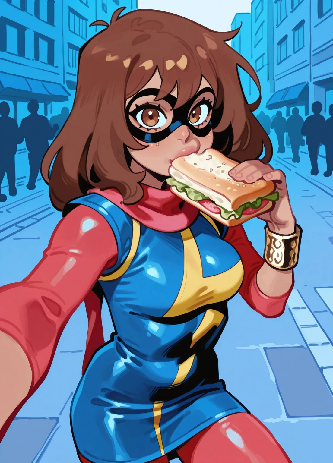 masterpiece, best quality, amazing quality, very aesthetic, absurdres, newest, detailed eyes, JJFrenchiestyle, 6l005, (vibrant colors),
1girl, mmkamalakhan, brown hair, bangs, brown eyes, dark-skinned female, brown eyes, long hair, blue dress, sleeves, scarf, bracelet, (domino mask), red pantyhose, medium breasts,
eating sandwich, looking at viewer, selfie, view from front, close up,
streets, convenient store, crowd, detailed background,,