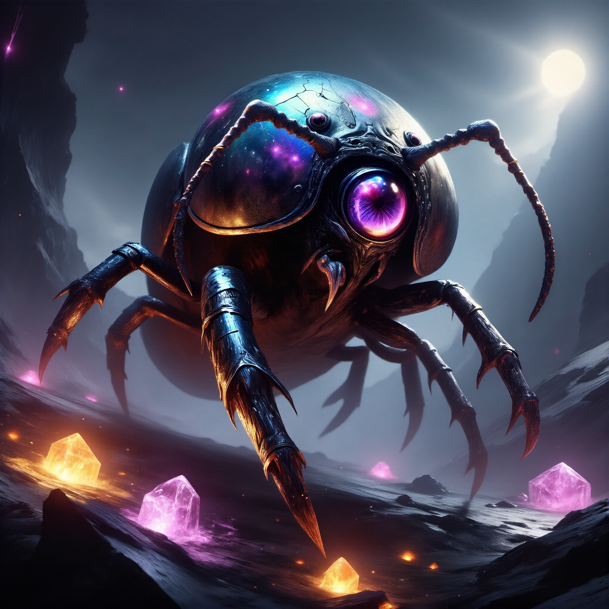 exceptionally creative and highly detailed digital painting in the style of the old masters, highly artistic and aesthetic, intricate, award-winning macro photo, (short depth of field:1.2), (fractal art:0.9), the (diminutive:1.4) "excessively hostile jogghobbler" is a (transcendent:1.1) and (cryptic:1.1) (biomorphic abomination:1.1) roaming the recoddermented crystalline lands of its homeworld "janet ix", its glistening aesthetic exoskeleton shimmering with iridescent colors under a avessational dramatic sky, (dappled sunlight:1.2), masterwork, atmospheric lighting, epic and dramatic composition, mystical and fantastical, scenic, quaint, <lora:style-eldritch_digital_painting-flux-by_eldritchadam:0.9> <lora:image_enhancer-flux-by_dever:1.0>