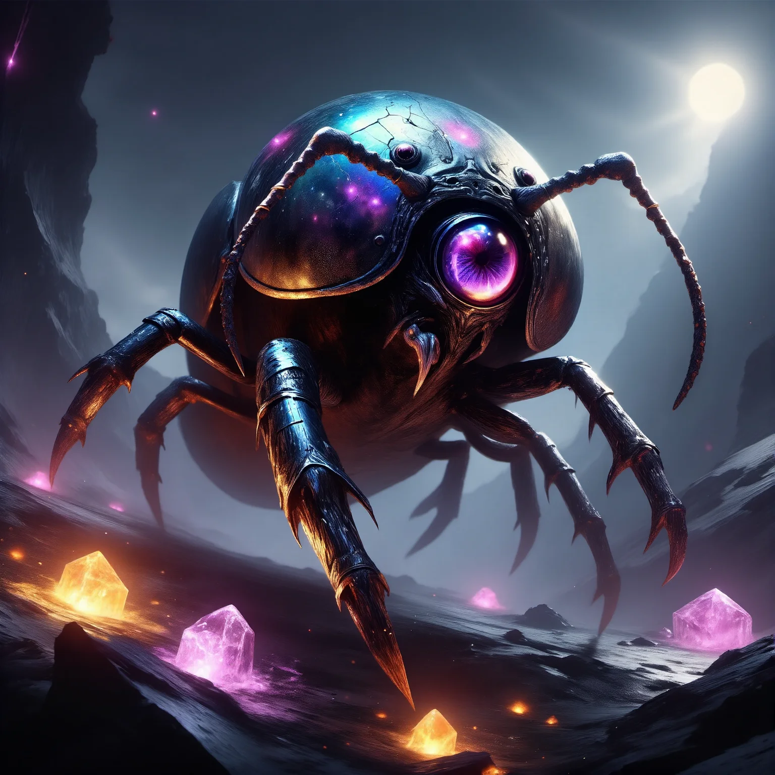 exceptionally creative and highly detailed digital painting in the style of the old masters, highly artistic and aesthetic, intricate, award-winning macro photo, (short depth of field:1.2), (fractal art:0.9), the (diminutive:1.4) "excessively hostile jogghobbler" is a (transcendent:1.1) and (cryptic:1.1) (biomorphic abomination:1.1) roaming the recoddermented crystalline lands of its homeworld "janet ix", its glistening aesthetic exoskeleton shimmering with iridescent colors under a avessational dramatic sky, (dappled sunlight:1.2), masterwork, atmospheric lighting, epic and dramatic composition, mystical and fantastical, scenic, quaint, <lora:style-eldritch_digital_painting-flux-by_eldritchadam:0.9> <lora:image_enhancer-flux-by_dever:1.0>