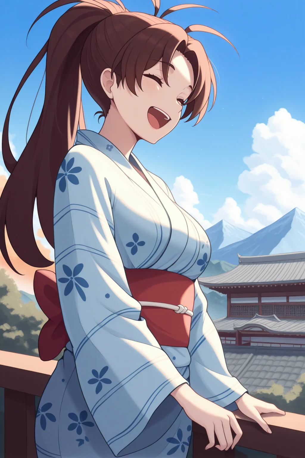 masterpiece, best quality, 1girl, solo, <lora:gsjenna-illu-nvwls-v1-000005:1> jenn4, brown hair, high ponytail, antenna hair, long hair, yukata, sash, closed eyes, happy, open mouth, mountains, clouds, blue sky, east asian architecture, wide sleeves