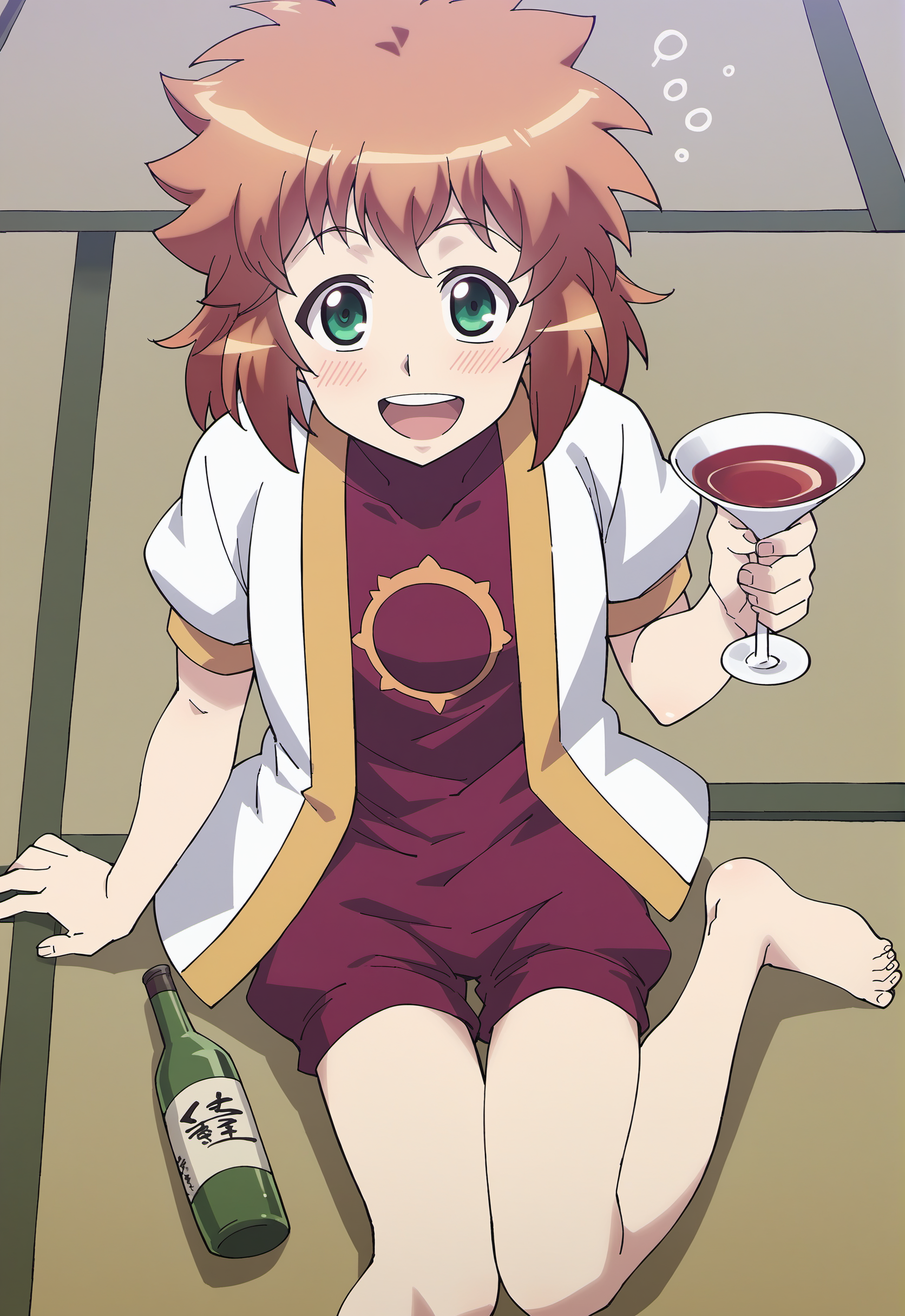 score_9, score_8_up, score_7_up, score_6_up,
BREAK
miyou mimane, 1girl, green eyes, orange hair, medium hair, messy hair, bangs, flat chest, full body, :d, smile, open mouth, teeth, looking at viewer, sigh, wariza, blush, drunk, alcohol, from above, holding sake bottle, 
BREAK
red shirt, clothes writing, white jacket, open jacket, puffy short sleeves, red puffy shorts, barefoot, feet
BREAK
wide shot, indoors, tatami, tatami floor  <lora:Tsugomo2MimaneMiyou-000009:1>