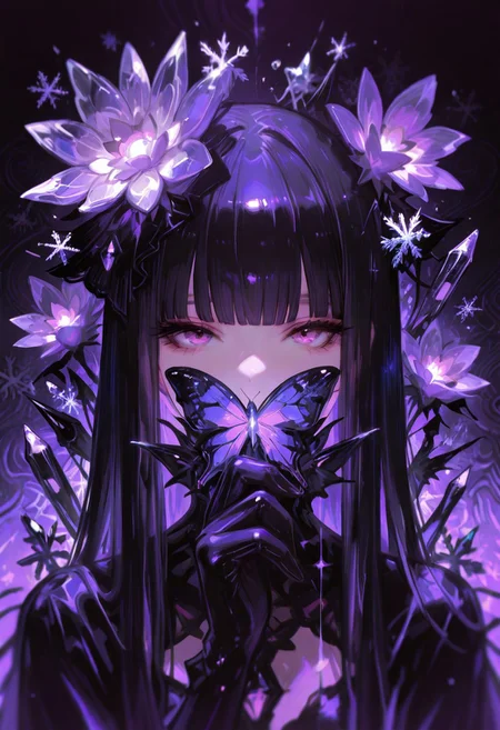 (Theme: Draconic Crystals). masterpiece, newest,absurdres,incredibly absurdres,1girl, solo, bug, butterfly, bangs, black hair, looking at viewer, long hair, blunt bangs, covered mouth, purple eyes, purple theme, eyelashes, flower, pink eyes, snowflakes,
dark_theme,abstract background,
depth of field,white sphere on the background