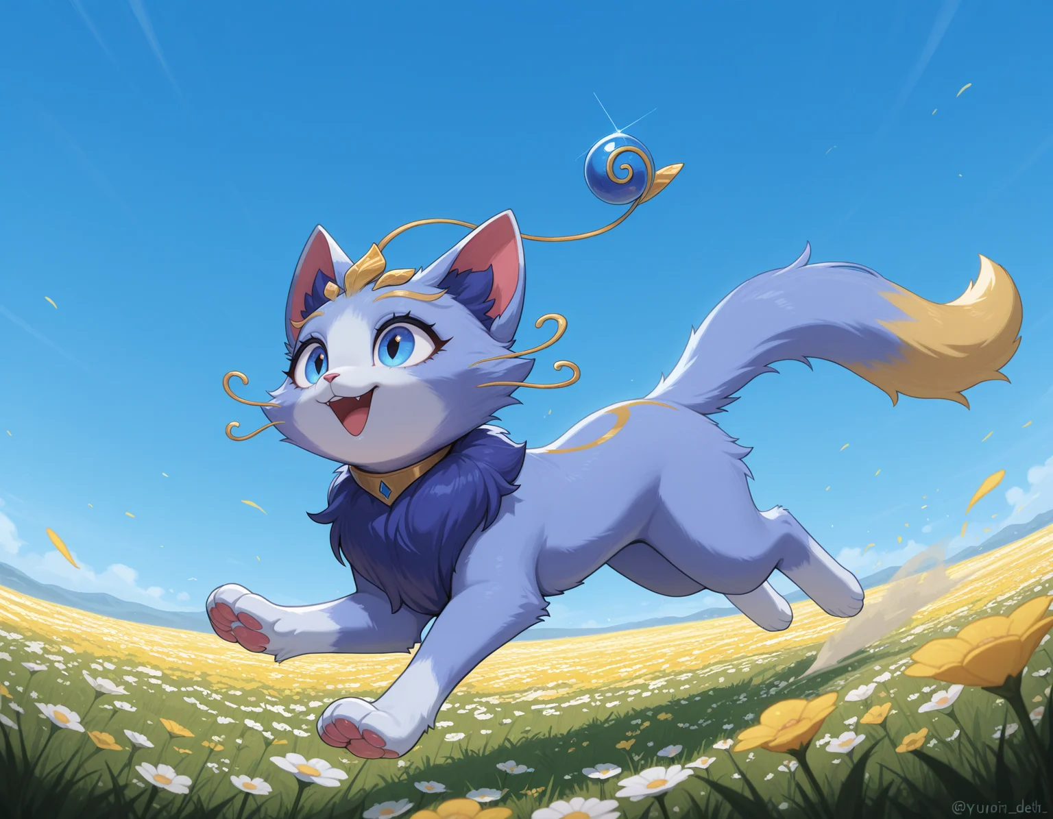 <lora:Yuumi_League_of_Legends_-_Illustrious:1> yuumi-default, antennae orb, female cat, feral female, quadruped, fluffy tail, solo, happy, blue sky, running, flower field, running along a flower field, highres, high quality, masterpiece, best quality, very aesthetic, absurdres, newest, perfect quality, absolutely eye-catching