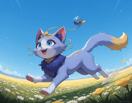 <lora:Yuumi_League_of_Legends_-_Illustrious:1> yuumi-default, antennae orb, female cat, feral female, quadruped, fluffy tail, solo, happy, blue sky, running, flower field, running along a flower field, highres, high quality, masterpiece, best quality, very aesthetic, absurdres, newest, perfect quality, absolutely eye-catching