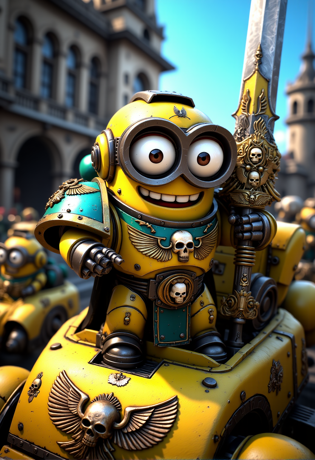 space marine. A Minion with oversized goggles dressed in power armor in the style of the Ultramarines, with added banana motifs and golden details. The Minion is without a helmet (no helmet:2.0), showcasing their iconic Minion goggles, expressive eyes, and wide smile. The Minion is wielding a massive chainsword, decorated with banana symbols and gold accents. The Minion is depicted in a scene such as: standing atop a yellow Rhino tank, pointing towards the enemy, other Minions driving similar vehicles in the background. The Minion's expression is joyfully fearless, showing teeth in a wide grin. The scene should be depicted in a colorful but gritty Warhammer 40k style, with bright yellows and blues to emphasize the Minionsâ classic color scheme. The armor and weapons are detailed with ornate designs, but humor is maintained through Minion-themed accessories and comical touches. Witty details include: a bolt gun covered in stickers of smiley faces and bright cartoon bananas. Background elements should resemble classic Warhammer 40k settings but with a humorous Minion twist, such as: a fortress of the Imperium subtly decorated with banana insignia and bright colors. , <lora:sm2.safetensors:1.0:1.0>