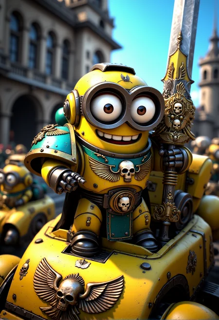 space marine. A Minion with oversized goggles dressed in power armor in the style of the Ultramarines, with added banana motifs and golden details. The Minion is without a helmet (no helmet:2.0), showcasing their iconic Minion goggles, expressive eyes, and wide smile. The Minion is wielding a massive chainsword, decorated with banana symbols and gold accents. The Minion is depicted in a scene such as: standing atop a yellow Rhino tank, pointing towards the enemy, other Minions driving similar vehicles in the background. The Minion's expression is joyfully fearless, showing teeth in a wide grin. The scene should be depicted in a colorful but gritty Warhammer 40k style, with bright yellows and blues to emphasize the Minionsâ classic color scheme. The armor and weapons are detailed with ornate designs, but humor is maintained through Minion-themed accessories and comical touches. Witty details include: a bolt gun covered in stickers of smiley faces and bright cartoon bananas. Background elements should resemble classic Warhammer 40k settings but with a humorous Minion twist, such as: a fortress of the Imperium subtly decorated with banana insignia and bright colors. , <lora:sm2.safetensors:1.0:1.0>