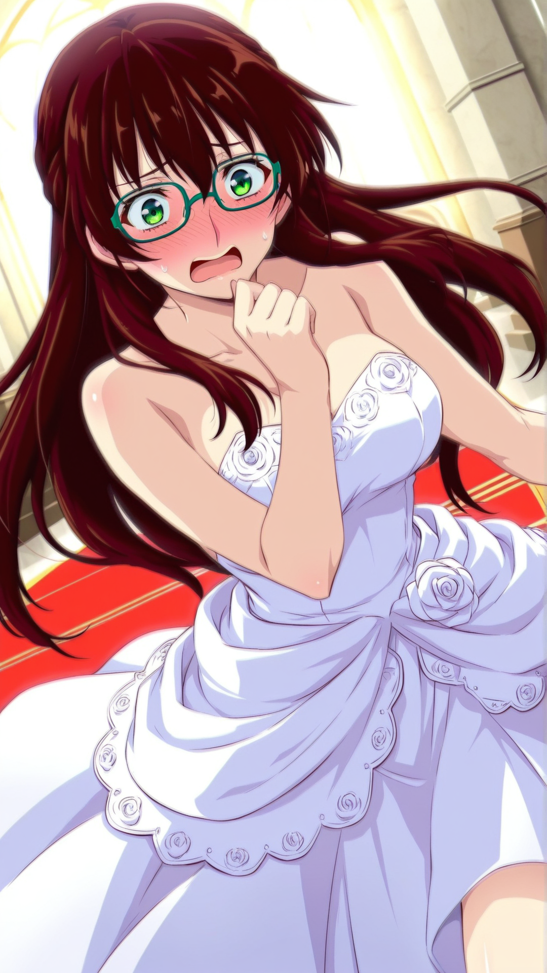source_anime, genral, best quality, masterpiece, 1girl,  <lora:Suzune_Saijo_ill_v1.0:1> suzune_saijo\(srw\),green eyes,brown hair, long hair , wedding dress,chapel, glasses, flustered, embarrassed,  dynamic pose, dutch angle, cowboy shot,