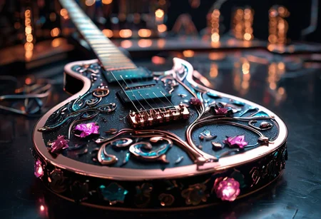 RAW photo of a very detailed reflective guitar with whimsical elements, completely dark studio, magical glowing podium, the rom is dark, only light of source is the guitar, cyan and pink neon, complimentary colors, reflective enviroment, spot lights, fantasy style, 90% black and 10% gold colors, big white diamonds on the guitar, strong depth of field, darkness, dramatic light, dusty black theme, intricate details, ultra sharp, exquisite detail, flawless composition, vivid colors, masterpiece, exciting background, timeless elegant and Exquisite Copper Ornaments