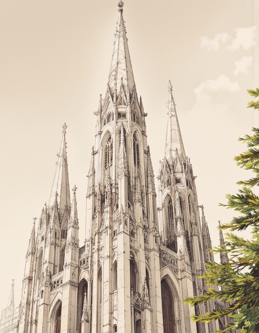 A detailed and realistic digital illustration shoot from a low angle about a stylized architectural drawing of a tall, ornate building with multiple towers and columns. the building appears to be a gothic cathedral, with intricate carvings and a coat of arms at the top. the drawing is done in a realistic style with a focus on the intricate details of the architecture, including the columns, arches, and spires. on the right side of the image, there is a branch of a pine tree, adding a touch of nature to the scene. the background is a soft, light beige color, which contrasts nicely with the detailed architecture of the building. the image also shows a faint, ethereal light source behind the spires, which adds to the sense of depth and dimensionality.