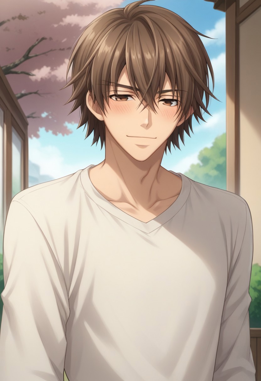 score_9, score_8_up, score_7_up, source_anime, highly detailed, 
hiroki, 1boy, male focus, solo, brown hair, blush, brown eyes, upper body, shirt,
white shirt, collarbone, indoors, closed mouth, hair between eyes, pants,
outdoor, sky, cherry tree, smile,