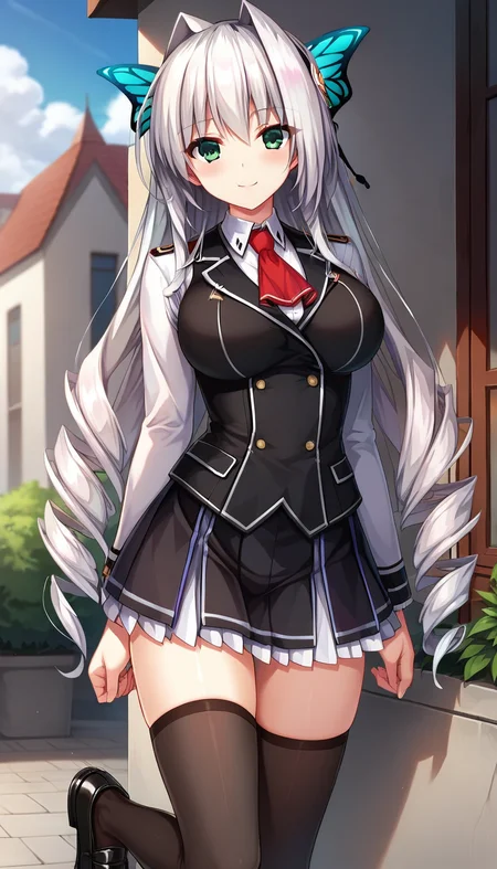 score_9,score_8_up,masterpiece,best quality,correct anatomy,anime_source,1girl,solo,perfect eyes,perfect arms,perfect legs,perfect face,outdoors,upper body,(portrait:1.5),looking at viewer,facing viewer,smile,blush,Tiana Havel Netherlands,very long hair,white hair,hair intakes,drill hair,butterfly hair ornament,sidelocks,bangs,green eyes,uniform,red ascot,black vest,white shirt,collared shirt,long sleeves shirt,large breasts,black thighhighs,miniskirt,black skirt,frilled skirt,pleated skirt,zettai ryouiki,black thighhighs,loafers,black footwear,<lora:Tiana Havel Netherlands(uq)-Pony:1.2>,
