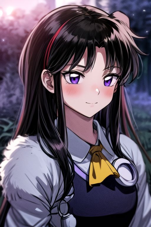 masterpiece,  best quality 1girl Setsun4 solo long hair,  (night time) forest background black hair very long hair purple eyes multicolored hair armor (fur trim) (medium body),<lora:EMS-179-EMS:0.800000>,<lora:EMS-293862-EMS:0.800000> bow, hair_bow, hair_tubes, red_bow, brown_hair, long_hair, bangs, ascot, frilled_bow, yellow_ascot, blush, smile, hair_between_eyes, athletic, armor, miko