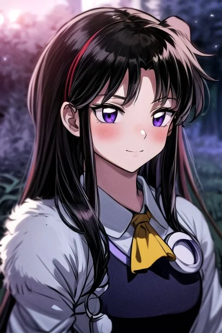 masterpiece, best quality 1girl Setsun4 solo long hair, (night time) forest background black hair very long hair purple eyes multicolored hair armor (fur trim) (medium body),<lora:EMS-179-EMS:0.800000>,<lora:EMS-293862-EMS:0.800000> bow, hair_bow, hair_tubes, red_bow, brown_hair, long_hair, bangs, ascot, frilled_bow, yellow_ascot, blush, smile, hair_between_eyes, athletic, armor, miko