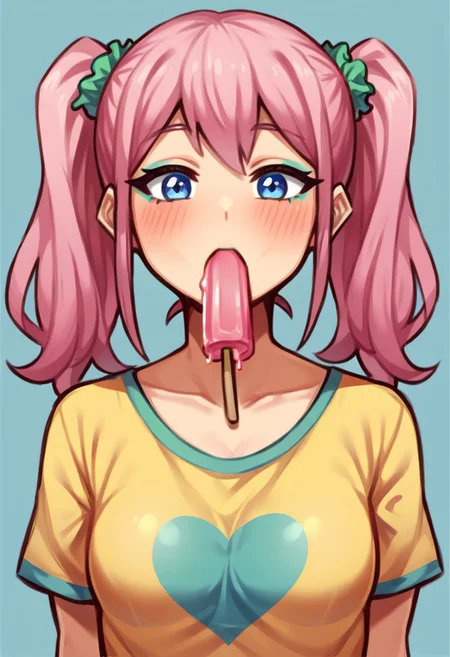 score_9, score_8_up, score_7_up, masterpiece, best quality, 1girl, skinny, natural small breasts, blue eyes, pink candy hair, two pigtails, green elastic scrunchie, makeup, green eye shadows, (black long eyes arrows), blush, yellow short t-shirt with pattern of hearts, blue manicure, BREAK sucking green popsicle, popsicle in mouth, BREAK medium shot, blue background