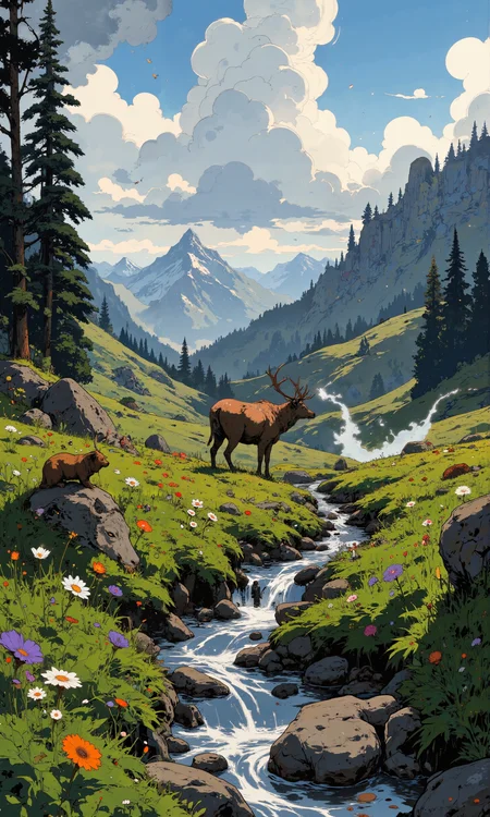 Tranquil alpine meadow nestled high in misty mountains, carpeted with vibrant wildflowers - bluebells, edelweiss, and purple saxifrage. Golden morning light filters through wispy clouds, casting long shadows across dewy grass. A crystalline stream meanders through, reflecting the azure sky. Towering evergreens frame the scene, their branches laden with lichen. A majestic stag grazes peacefully amidst knee-high grasses swaying gently in the cool breeze. Butterflies and bees flit between blossoms, while a family of marmots observes from rocky outcrops. Wispy tendrils of mist cling to distant peaks. Hyperrealistic 8K detail, soft bokeh, cinematic lighting, nature photography style. <lora:Comic book opus 3:0.4> <lora:Let_It_Blaze_in_Crimson_anime_v1.0:0.9> <lora:Niji B:0.4> <lora:flux_dev:1>