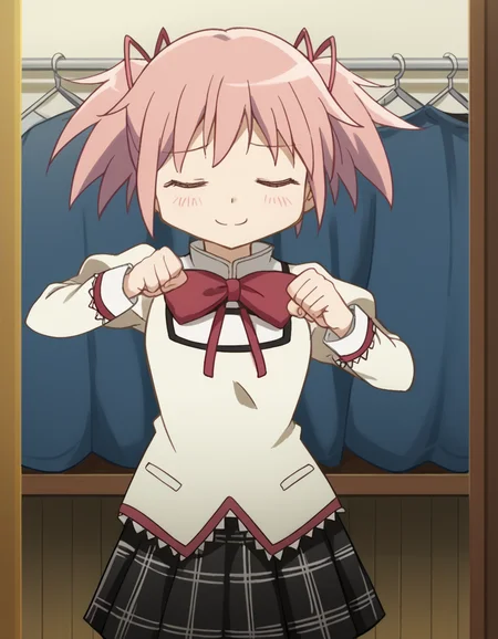 score_9, score_8_up, score_7_up, source_anime, <lora:madoka-kaname-s1-ponyxl-lora-nochekaiser:1>, madoka kaname, short hair, ribbon, twintails, hair ribbon, pink hair, pink eyes, short twintails,, skirt, school uniform, mitakihara school uniform, puffy sleeves, plaid skirt, pleated skirt, bowtie, red bowtie, closet, clothes, shelves, hangers, storage, , <lora:shikairo-days-dance-ponyxl-lora-nochekaiser:1>, shikairo days dance, shikairo days dance (meme), dancing, meme, closed eyes, clenched hands, glowsticks, blush, smile,, looking at viewer, solo,, dutch angle, cowboy shot