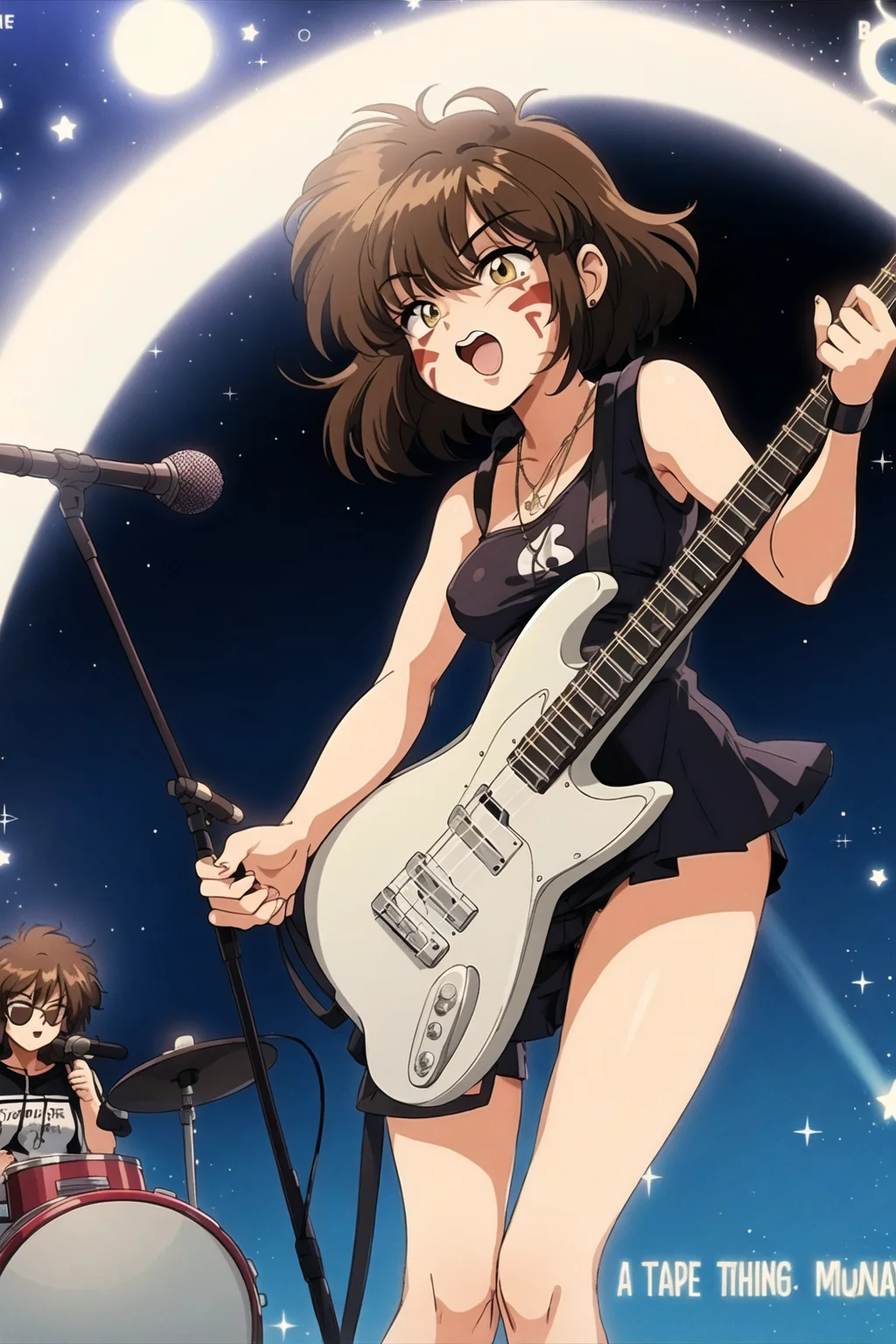 1980s \(style\), bluethebone, 1girl, acoustic guitar, album cover, bass guitar, brown hair, card \(medium\), crescent moon, electric guitar, facepaint, facial mark, full moon, guitar, holding instrument, instrument, microphone, microphone stand, moon, music, night, night sky, open mouth, planet, playing instrument, plectrum, shooting star, sky, space, star \(sky\), star \(symbol\), star necklace, starry background, starry sky, sun, sunglasses <lora:bluethebone1.9:0.6>