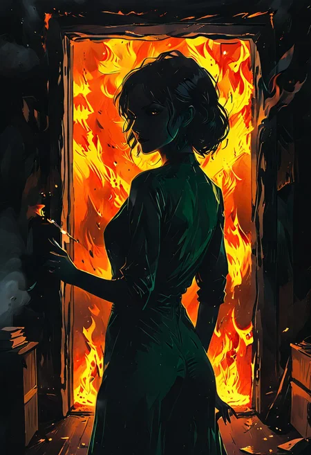 <lora:flame silhouette:1>, <lora:flame:1>, flame,
burning office green door,
graphic style of novel comics, perfect hands, 2d,
8k, hyperrealism, masterpiece, high resolution, best quality, ultra-detailed, super realistic, Hyperrealistic art, high-quality, ultra high res, highest detailed, lot of details, Extremely high-resolution details, incredibly lifelike, colourful, soft cinematic light,