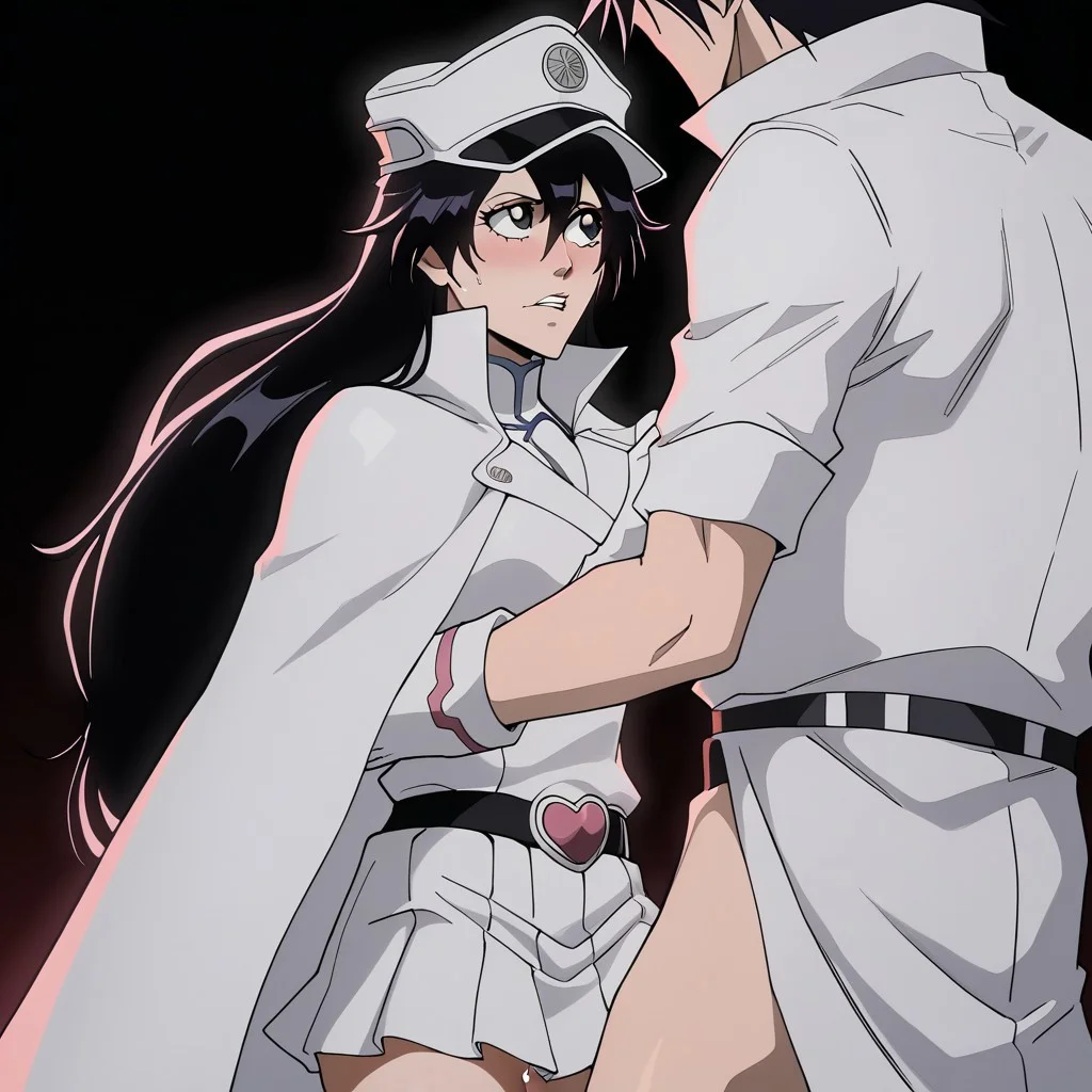 sex,<lora:Bambietta_Basterbine_Bleach:1>simple black background,
bambietta_basterbine, 1girl, black hair, long hair, hair between eyes,
white peaked cap, white gloves, white jacket, white skirt, black belt, heart belt buckle, pink clothing accents, white cloak
from front, looking away