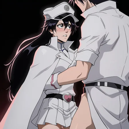 sex,<lora:Bambietta_Basterbine_Bleach:1>simple black background,
bambietta_basterbine, 1girl, black hair, long hair, hair between eyes,
white peaked cap, white gloves, white jacket, white skirt, black belt, heart belt buckle, pink clothing accents, white cloak
from front, looking away