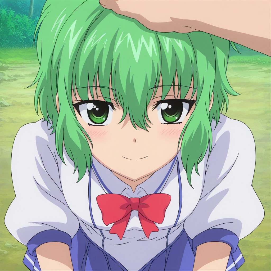 masterpiece, best quality, amazing quality, very aesthetic, absurdres, newest, scenery, best quality, anime coloring, koroneww, green eyes, green hair, short hair, bangs, hair between eyes, school uniform, red bowtie, white school shirt, short sleeves, blue pleated skirt, anime_screencap, face focus, pov, headpat, cute smile, smile, looking at viewer, :*, kiss on forehead