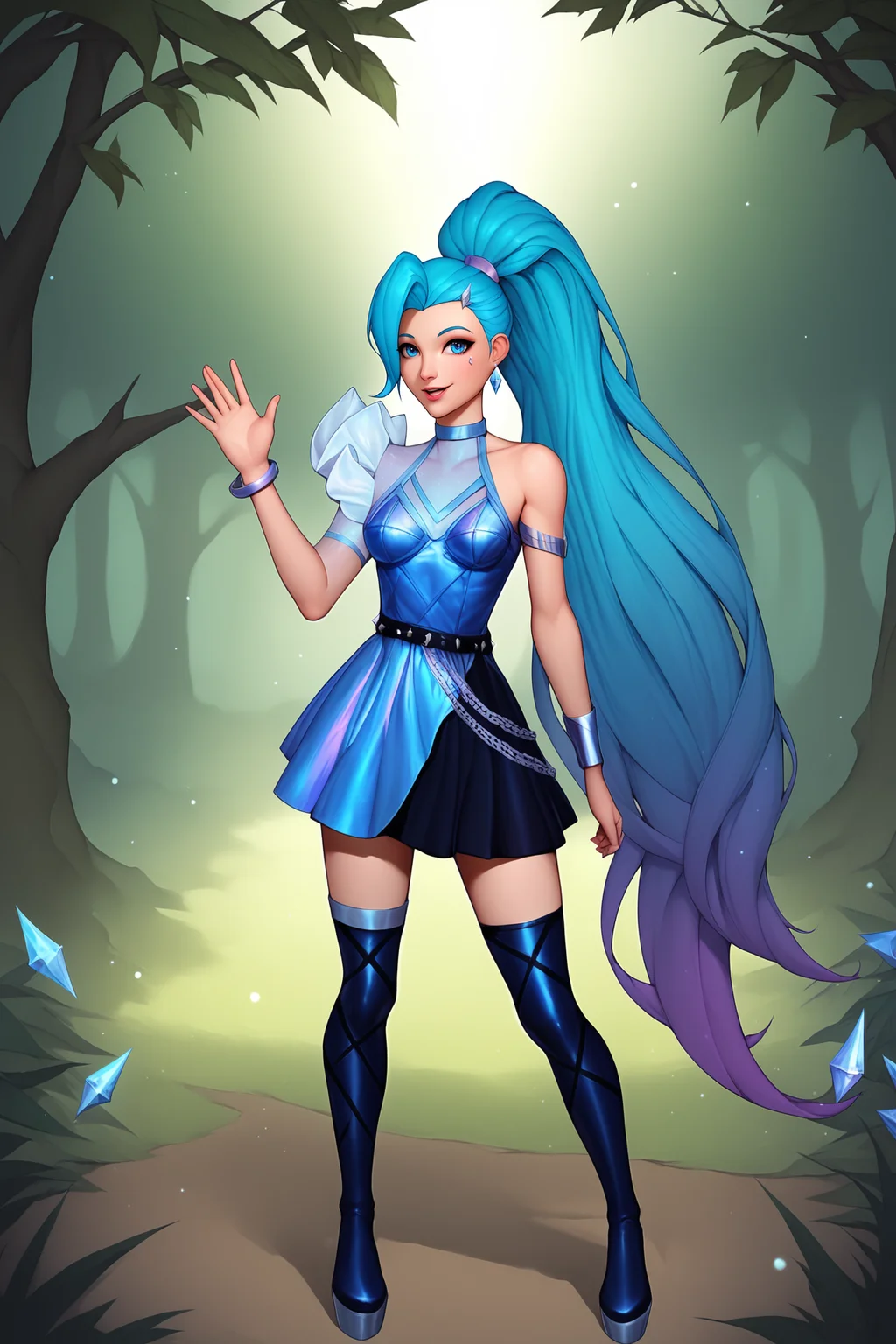 score_9, score_8_up, score_7_up, score_6_up, BREAK, SeraphineKDAAOXL, K/DA (league of legends), blue eyes, aqua hair, long hair, ponytail, bangs, medium breasts, single sleveless, blue dress, armlet, bracelet, black belt, black skirt, chain, black thigh boots, solo, full body, standing, waving, seductive smile, looking at viewer, forest, tree <lora:SeraphineKDAAOXL:0.8>