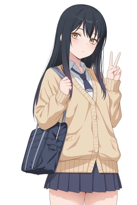 masterpiece, best quality, amazing quality, 1girl, y0tsuy4m1k0, long hair, black hair, yellow eyes, sweater, school uniform, necktie, cardigan, collared shirt, pleated skirt, v, white_background, aesthetic, solo, bag, looking back