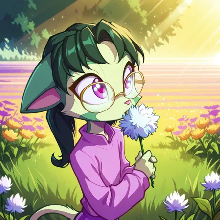Dreamkeepers,1girl,prelude_lilith,solo,furry,tail,green hair, source_furry,glasses,magenta eyes,masterpiece,
kid, child,
outdoors, dandelion, blowing, long_hair, soft_smile, bright_sky, gentle_breeze, field_of_flowers, warm_sunlight, peaceful, soft_focus, relaxed_pose, nature, detailed_background