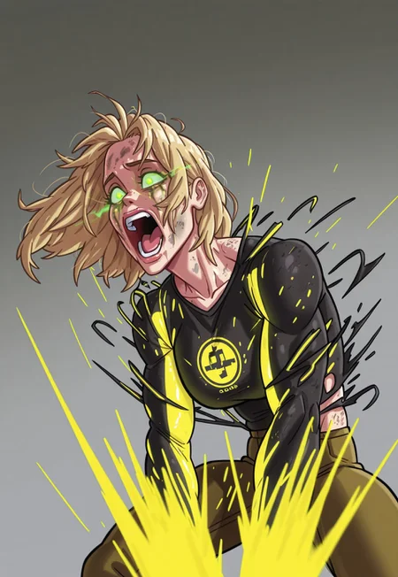 d4rgod3n,
1girl, simple background, grey background, blonde hair, green eyes, gasping, exploding clothes, partially covered skin, screaming, shooting yellow lasers from eyes, glowing eyes, exhausted female, burns on clothing and skin,
blurry background, detailed foreground, dynamic posing,